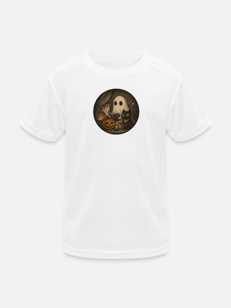 Cozy Halloween Scenario with Ghost and Pumpkin - Kids Functional T-Shirt - white - Front