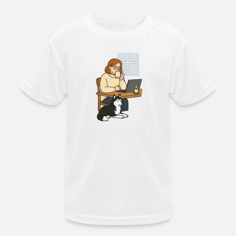 Kaffeepause im Homeoffice Hund Kinder Funktions-T-Shirt