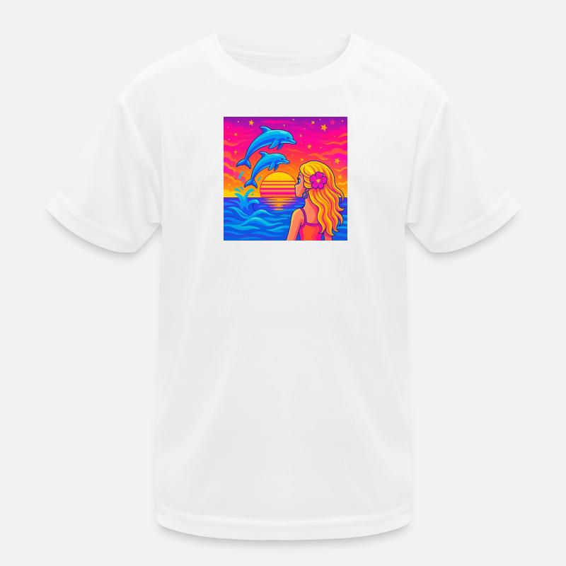 Dolphin Sunset Neon Portrait Kids Functional T-Shirt