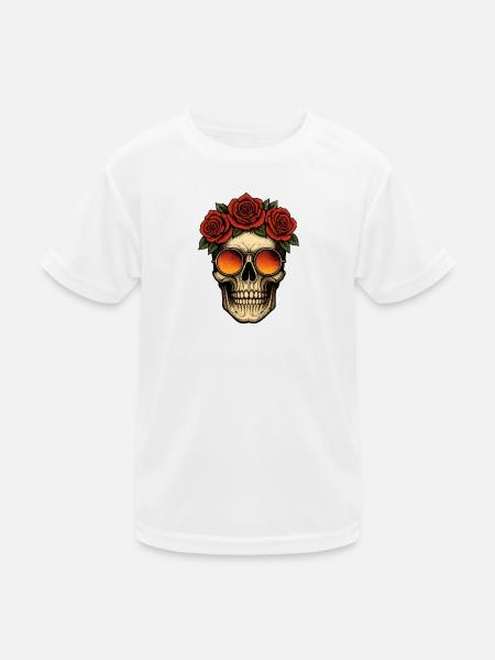 Skull with Roses & Retro Sunglasses – High-Resolut - Kids Functional T-Shirt - white - Front