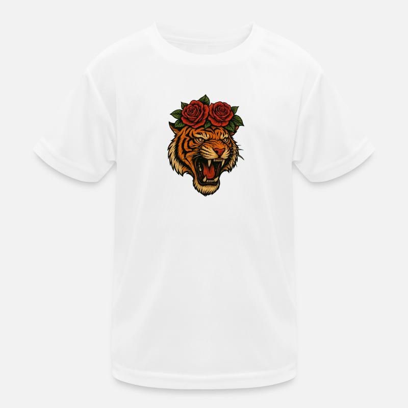 Fierce Tiger Head with Roses – High-Resolution Tra Kids Functional T-Shirt