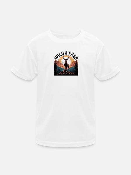 Wild & Free Hirsch T-Shirt | Outdoor Wandern Natur - Kinder Funktions-T-Shirt - Weiß