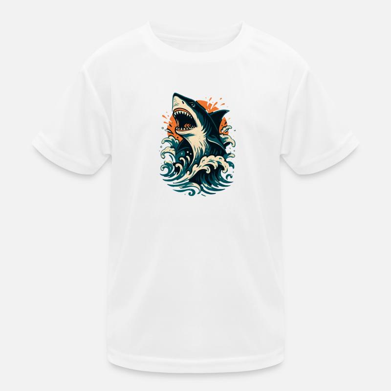 Shark roars through orange waves Kids Functional T-Shirt