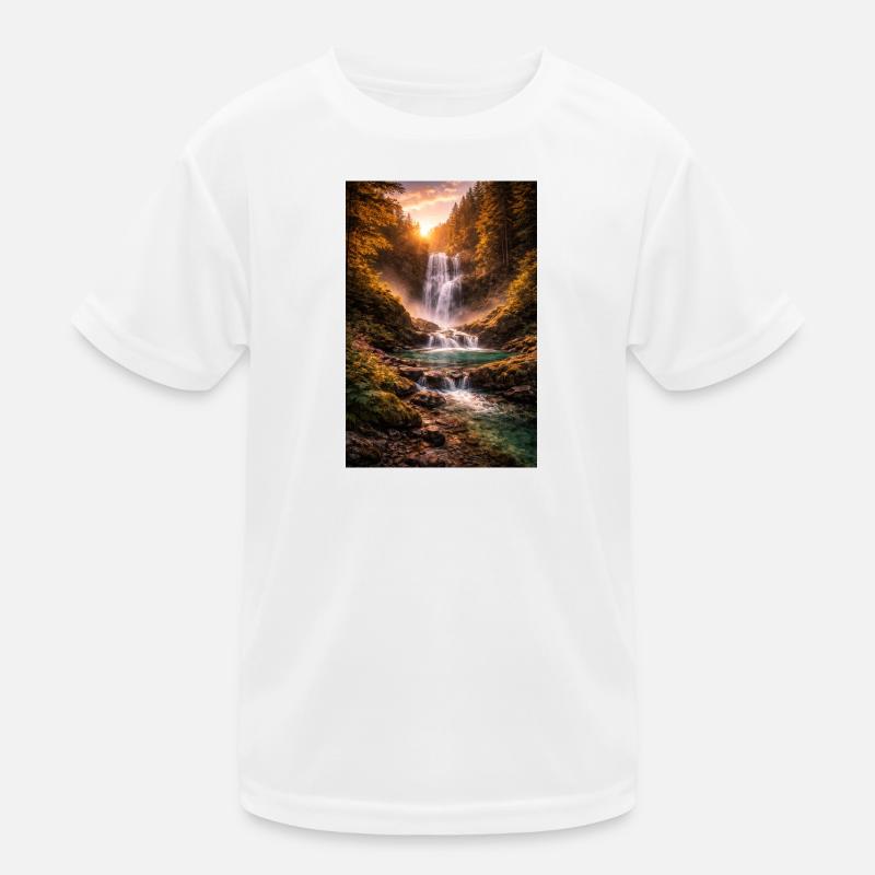 Waterfall in the evening sun Kids Functional T-Shirt