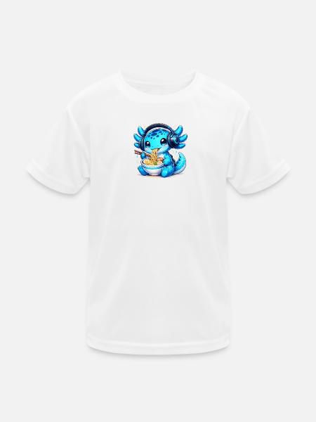 Kawaii Axolotl with Headphones and Ramen Gaming - Kids Functional T-Shirt - white - Front