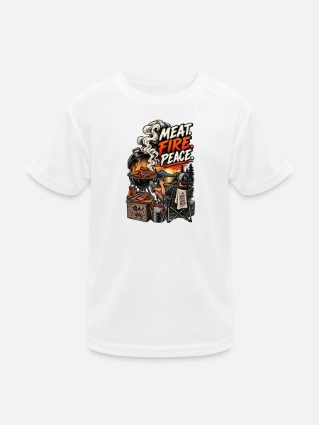Meat, Fire, Peace, BBQ - Kids Functional T-Shirt - white - Front