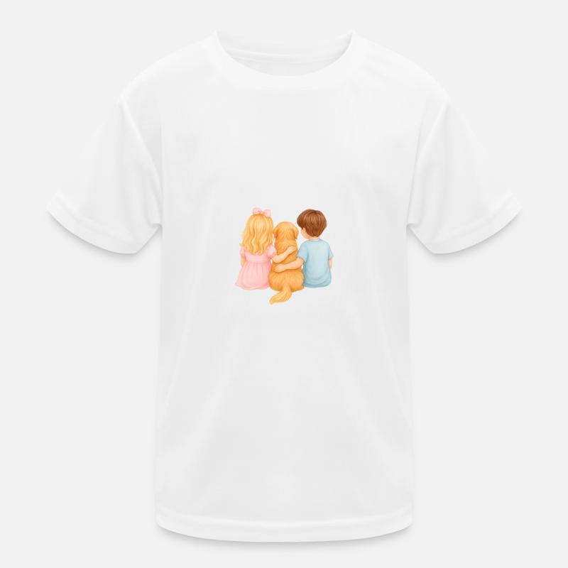 Zwei Kinder mit Golden Retriever –Junge Mädchen - Kinder Funktions-T-Shirt - Weiß