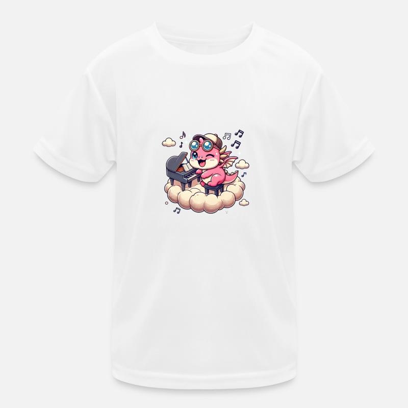 Cute pink dragon playing piano on a cloud Kids Functional T-Shirt