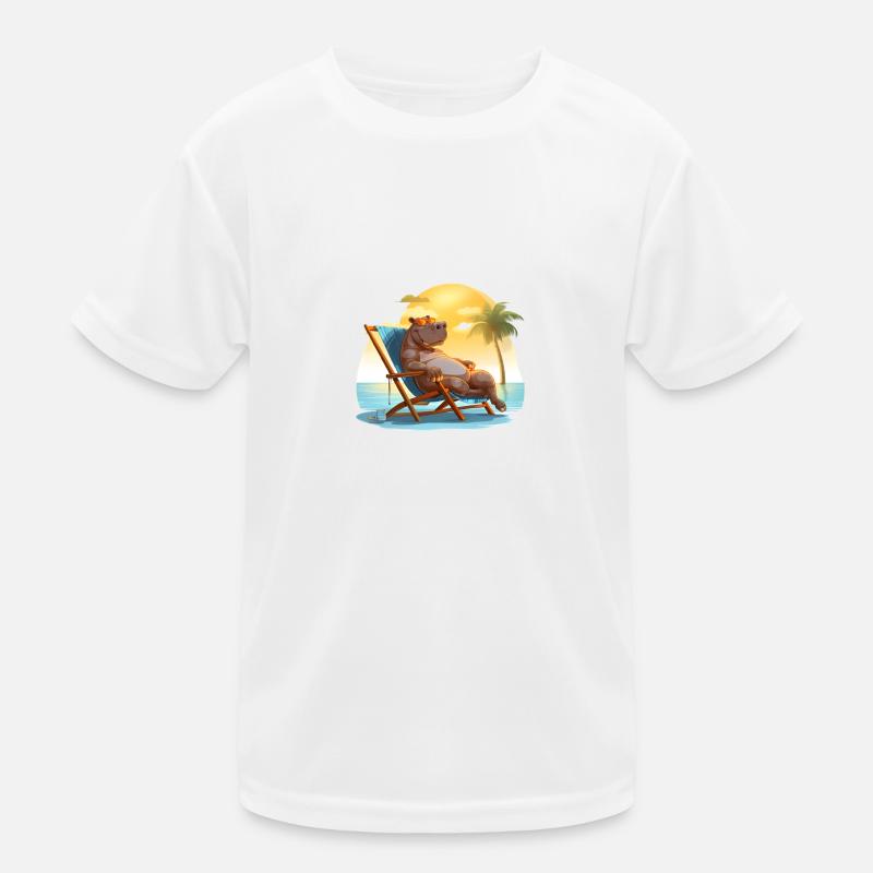 sunbathing hippo on the beach in a deck chair Kids Functional T-Shirt