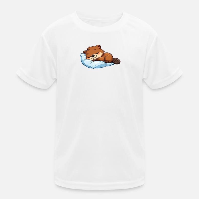 Sleeping Beaver on Blue Pillow Kids Functional T-Shirt