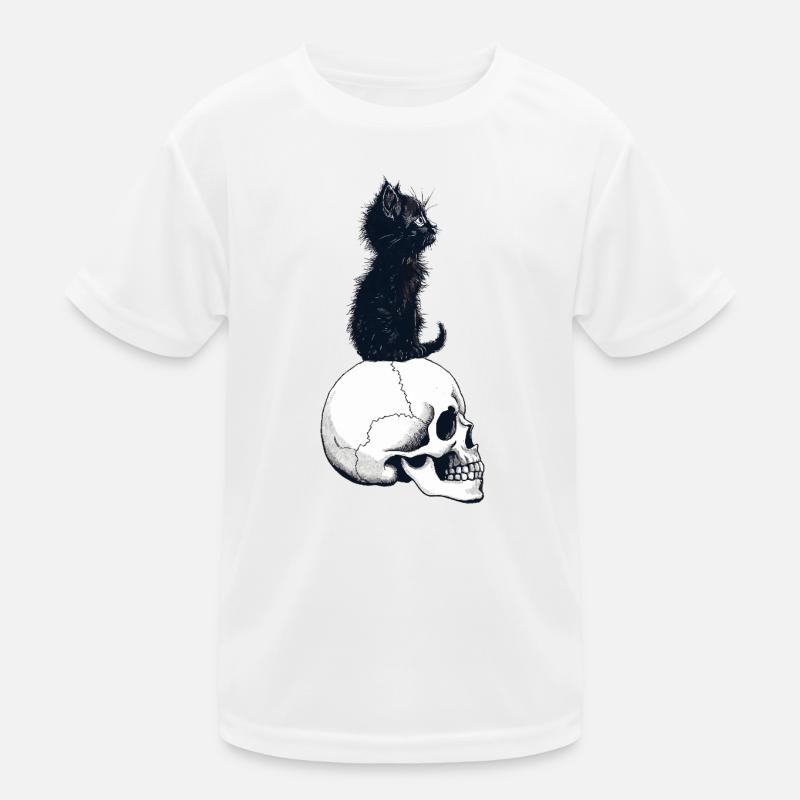 Cute kitten sitting on a skull Kids Functional T-Shirt