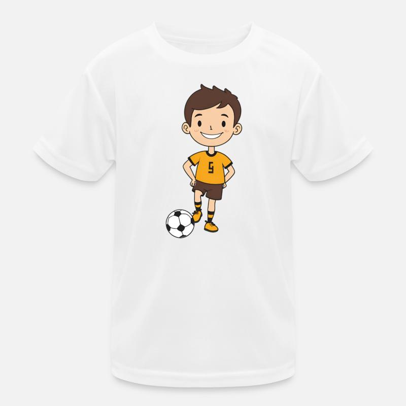 Kicker Junge im Orangen Trikot Kinder Funktions-T-Shirt