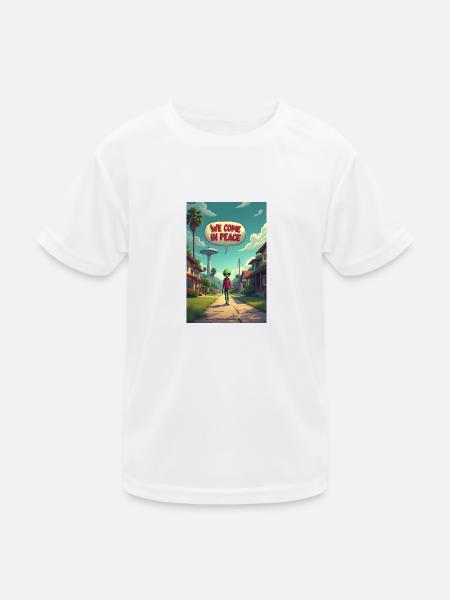 Ein netter, kleiner Alien entsteigt seinem UFO - Kinder Funktions-T-Shirt - Weiß - Vorne