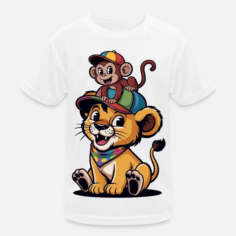 Jungle Duo: Affe auf Löwe mit Hut Kinder Funktions-T-Shirt