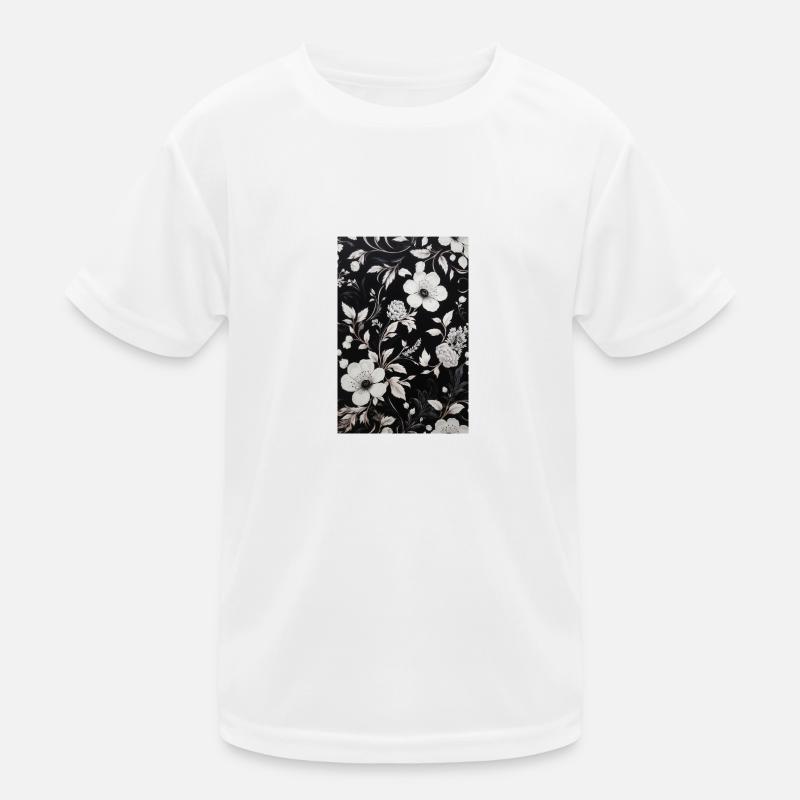 Black background with white floral pattern. Kids Functional T-Shirt