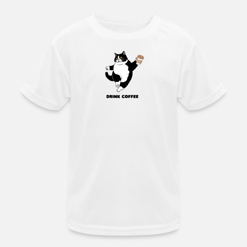 Whimsical Cat Coffee Dance Design - Kids Functional T-Shirt - white
