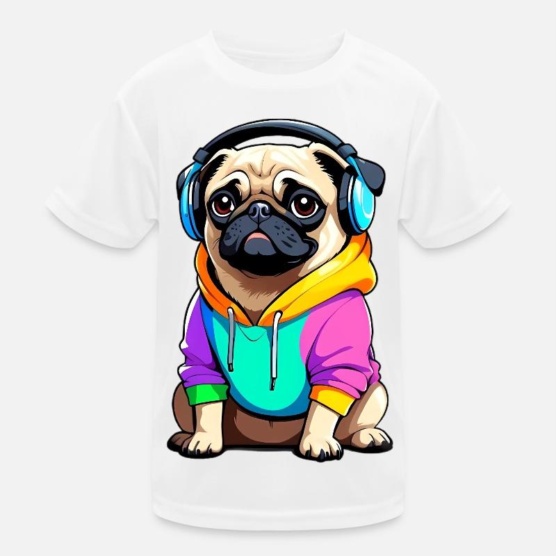 Pug mit Kopfhörer und Kleidung Kinder Funktions-T-Shirt