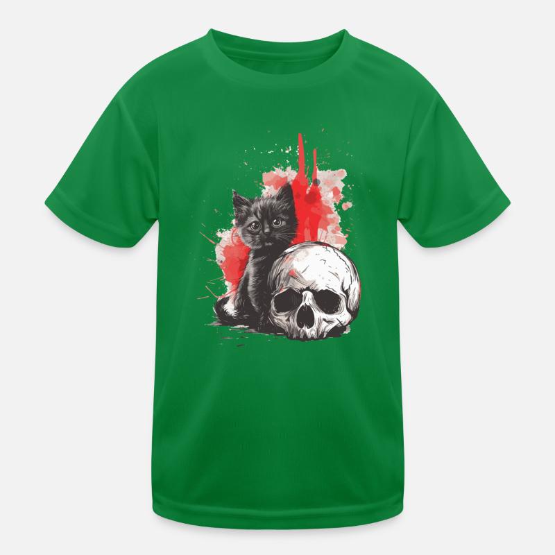 Niedliches Emo Gothic Kätzchen und Schädel Kinder Funktions-T-Shirt