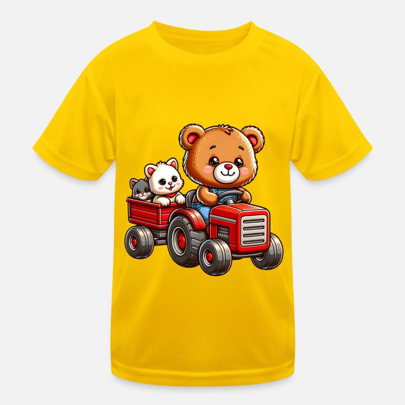 Teddy bear and kitten driving tractor with trailer Kids Functional T-Shirt