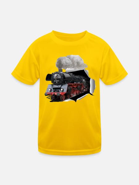 Dampflokomotive durchbricht Wand - Kinder Funktions-T-Shirt - Eigelb