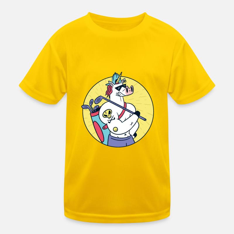 Starkes Einhorn mit Tätowierung spielt Golf Kinder Funktions-T-Shirt