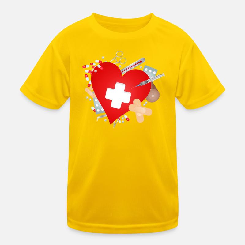 Erste Hilfe Set oder Reiseapotheke mit Herz - Kinder Funktions-T-Shirt - Eigelb