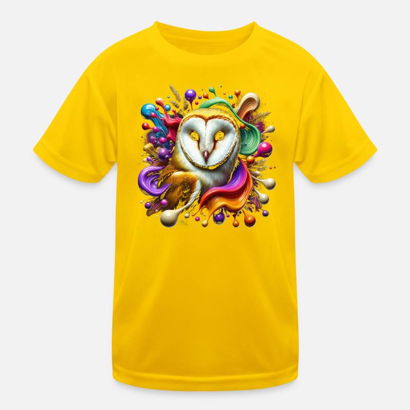 Coole Schleiereule mit bunten Farbklecksen Kinder Funktions-T-Shirt