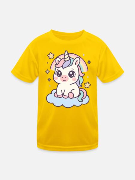 Kawaii Einhorn auf Wolke mit Regenbogen Sterne - Kinder Funktions-T-Shirt - Eigelb