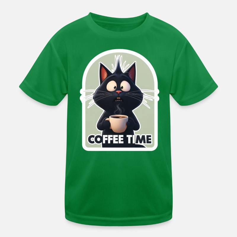 Cat with coffee text Kids Functional T-Shirt