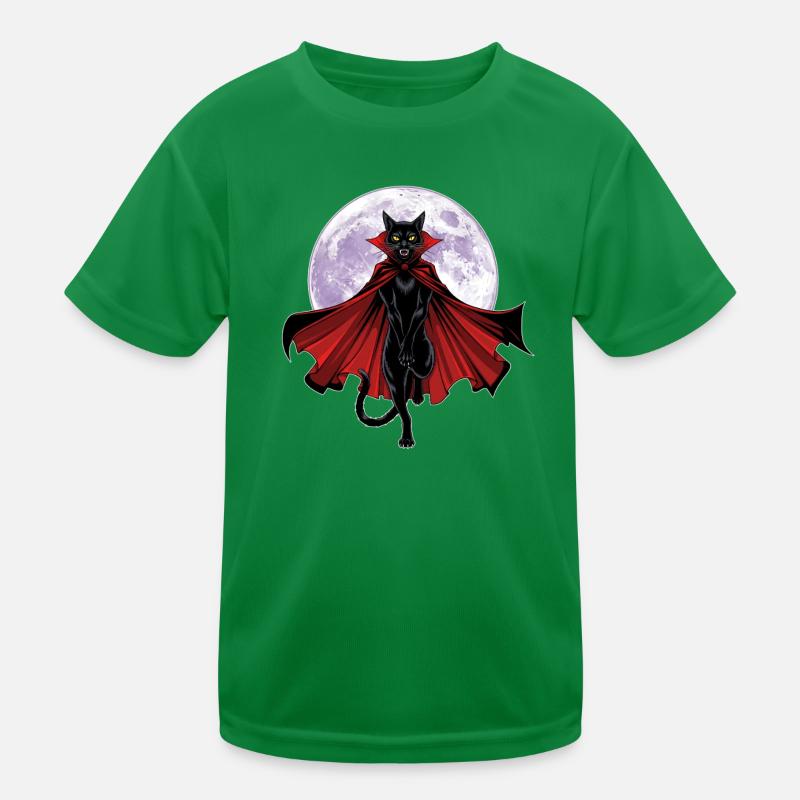 Graphic vampire cat with cape in front of a full moon Kids Functional T-Shirt