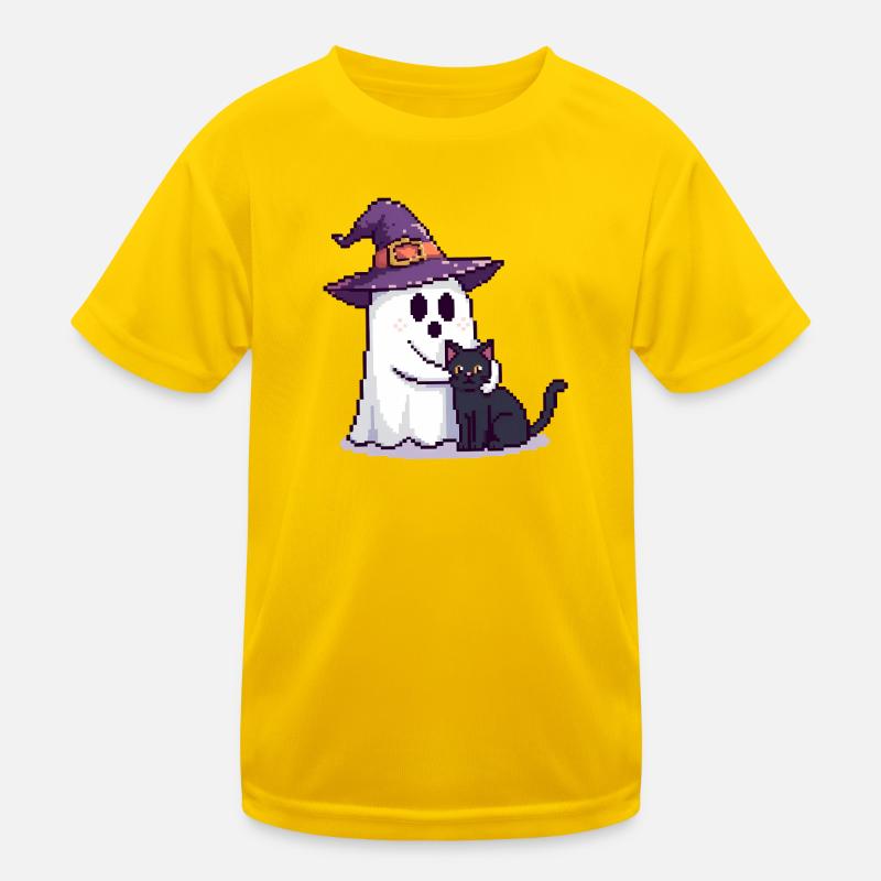 Pixel Ghost with Witch Hat & Cat – Halloween Kids Functional T-Shirt