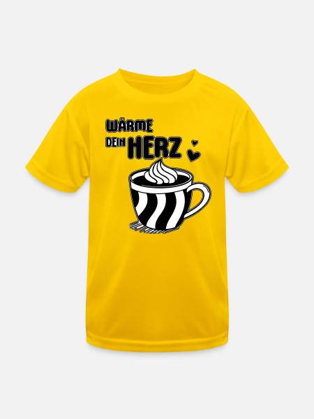 Wärme Dein Herz Kaffeetasse - Kinder Funktions-T-Shirt - Eigelb - Vorne