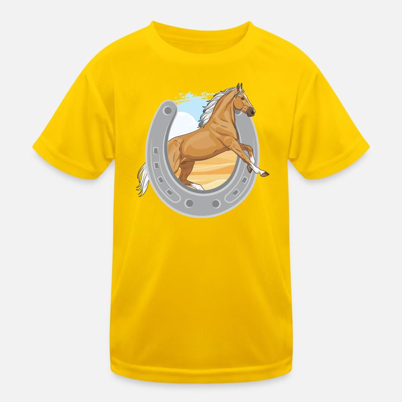 Ein springendes Palomino-Pferd, das ein Eisen durchbohrt Kinder Funktions-T-Shirt