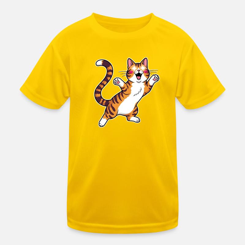 Fröhliche getigerte Katze Sprungfreude Kinder Funktions-T-Shirt