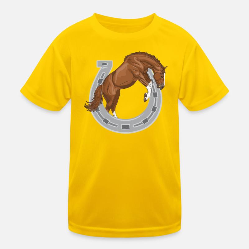Ein kastanienbraunes Pferd, das durch einen Schuh springt Kinder Funktions-T-Shirt