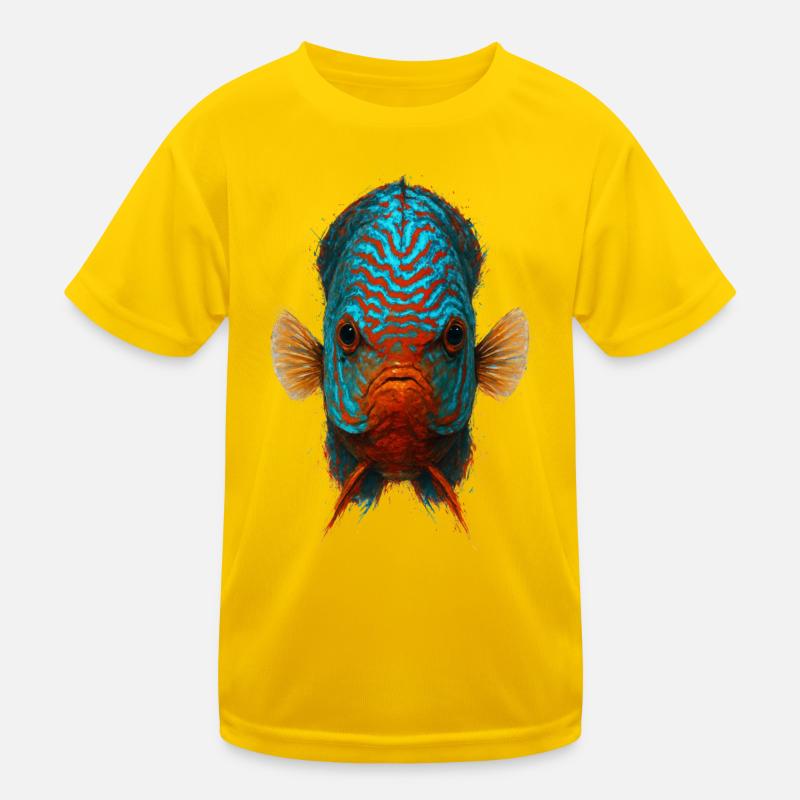 Blauer und oranger Diskusfisch mit intensiven Augen Kinder Funktions-T-Shirt