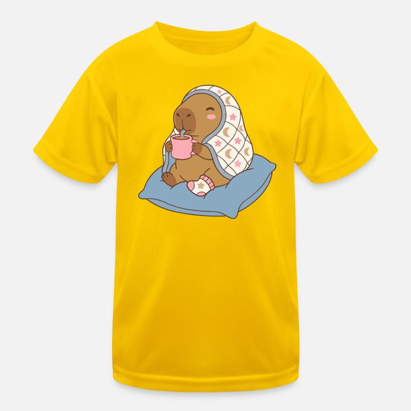 Cozy  Night Capybara on a pillow sipping cocoa Kids Functional T-Shirt