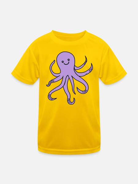 Lila Oktopus Charm - Kinder Funktions-T-Shirt - Eigelb - Vorne
