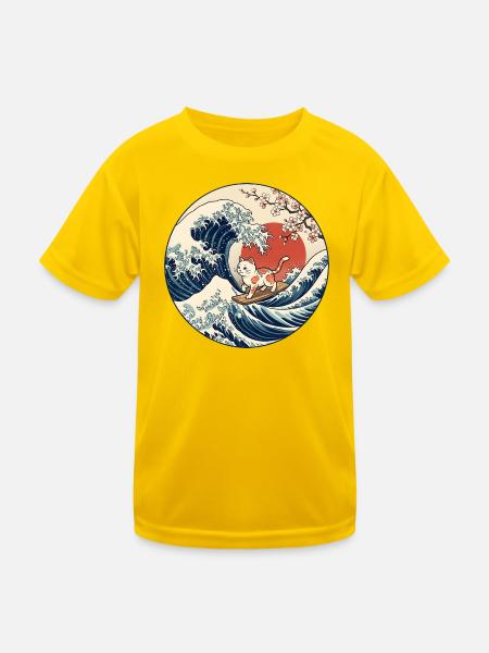 Katze surft auf der großen Welle - Kinder Funktions-T-Shirt - Eigelb