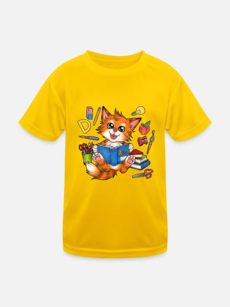 Niedliche Katze Katzenkind mit Zuckertüte Schule - Kinder Funktions-T-Shirt - Eigelb - Vorne