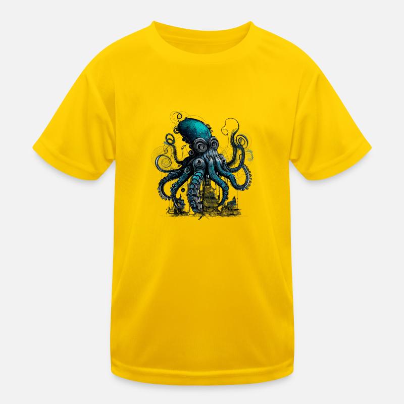 Steampunk giant octopus over small village Kids Functional T-Shirt
