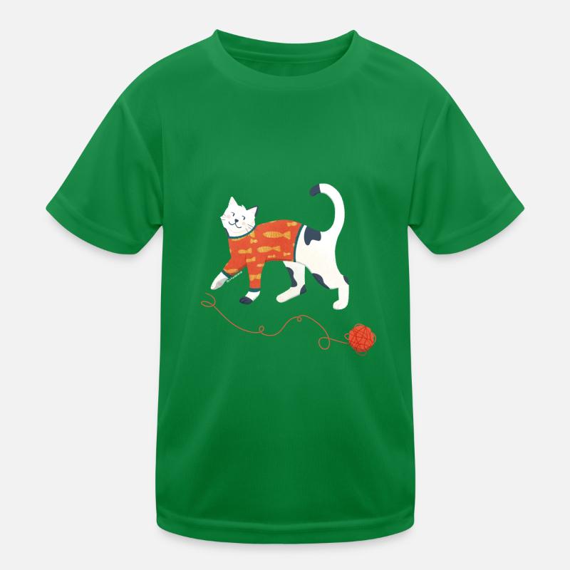 Katze im Pullover spielt mit einem Wollknäuel Kinder Funktions-T-Shirt