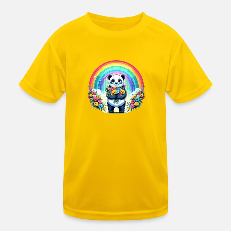 Panda mignon devant un arc-en-ciel avec des fleurs T-shirt sport Enfant