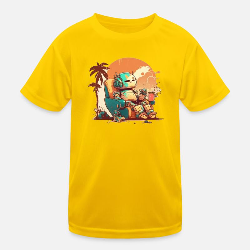 A resting old robot on an orange background. Kids Functional T-Shirt