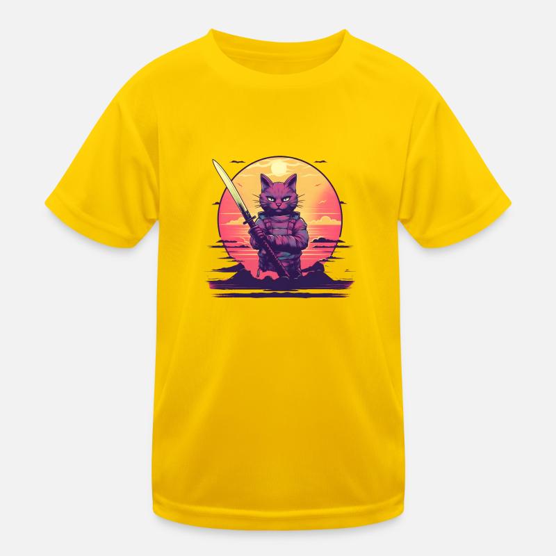 Synthwave samurai Cat sunset Kids Functional T-Shirt