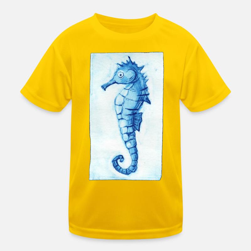 Seepferdchen Maritim - Druckvorlage handgeschnitzt - Kinder Funktions-T-Shirt - Eigelb