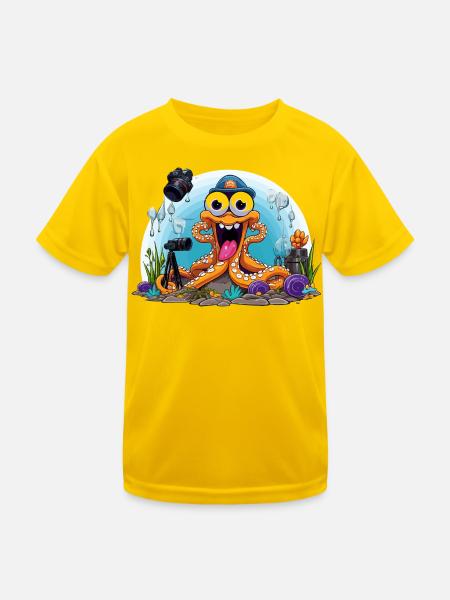 Tauchender Foto-Oktopus - Kinder Funktions-T-Shirt - Eigelb