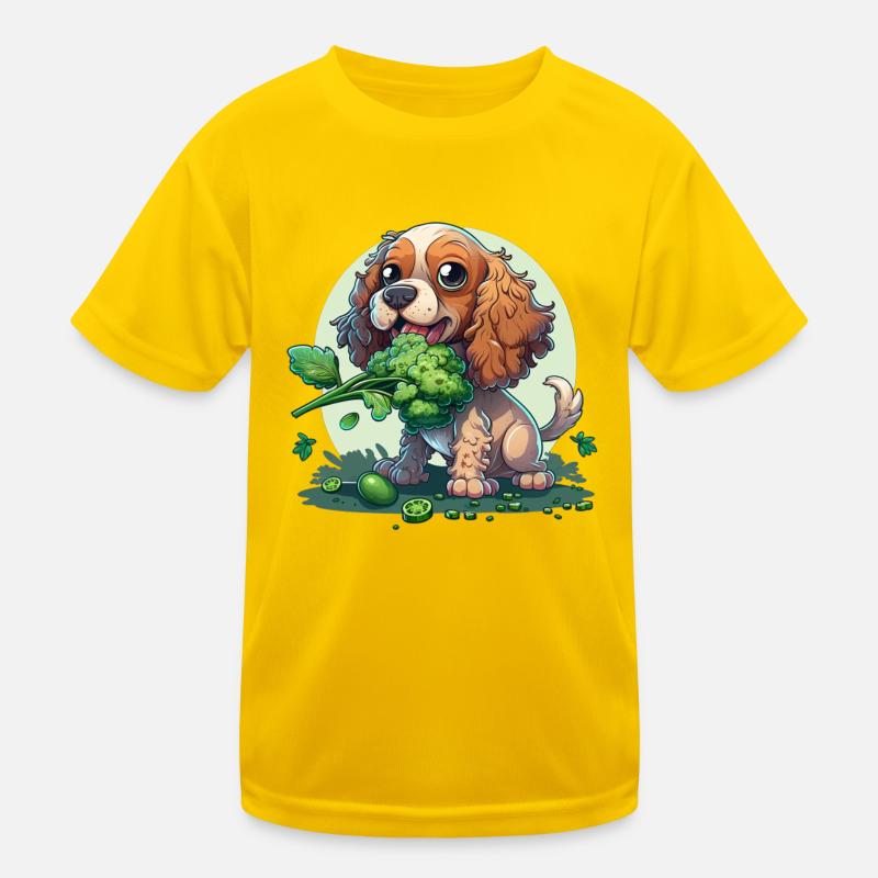 Cute dog eats broccoli vegetables Kids Functional T-Shirt