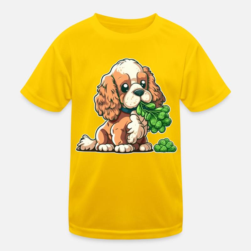 Cute dog eats broccoli vegetables Kids Functional T-Shirt
