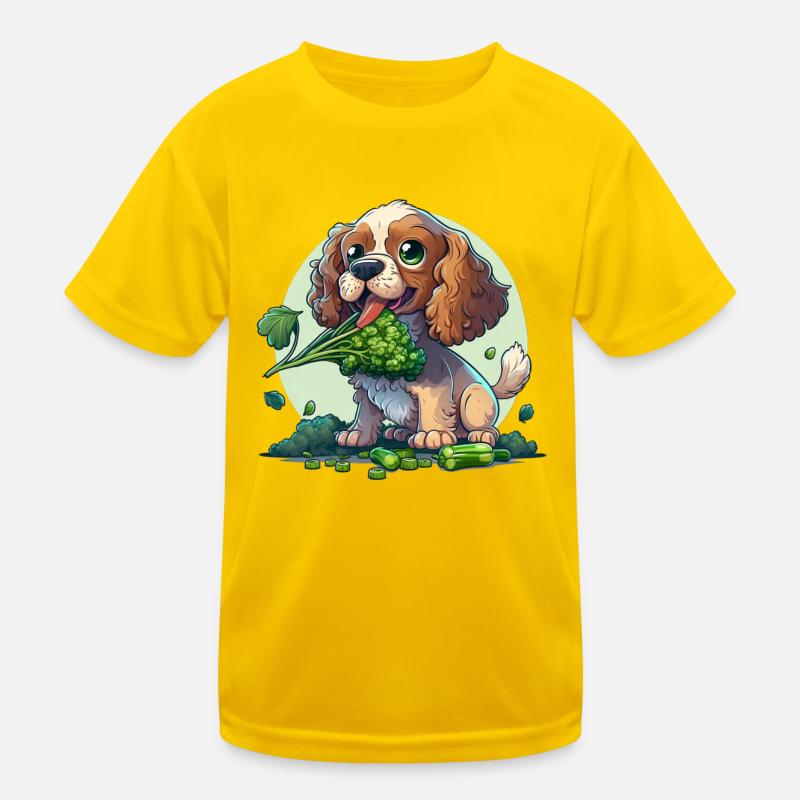 Cute dog eats green broccoli green vegetables Kids Functional T-Shirt